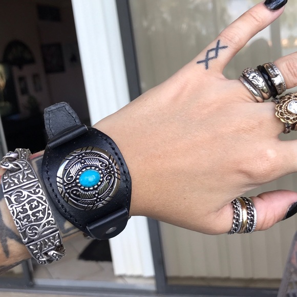 Handmade Black leather cuff silver totem blue gem - Picture 4 of 8